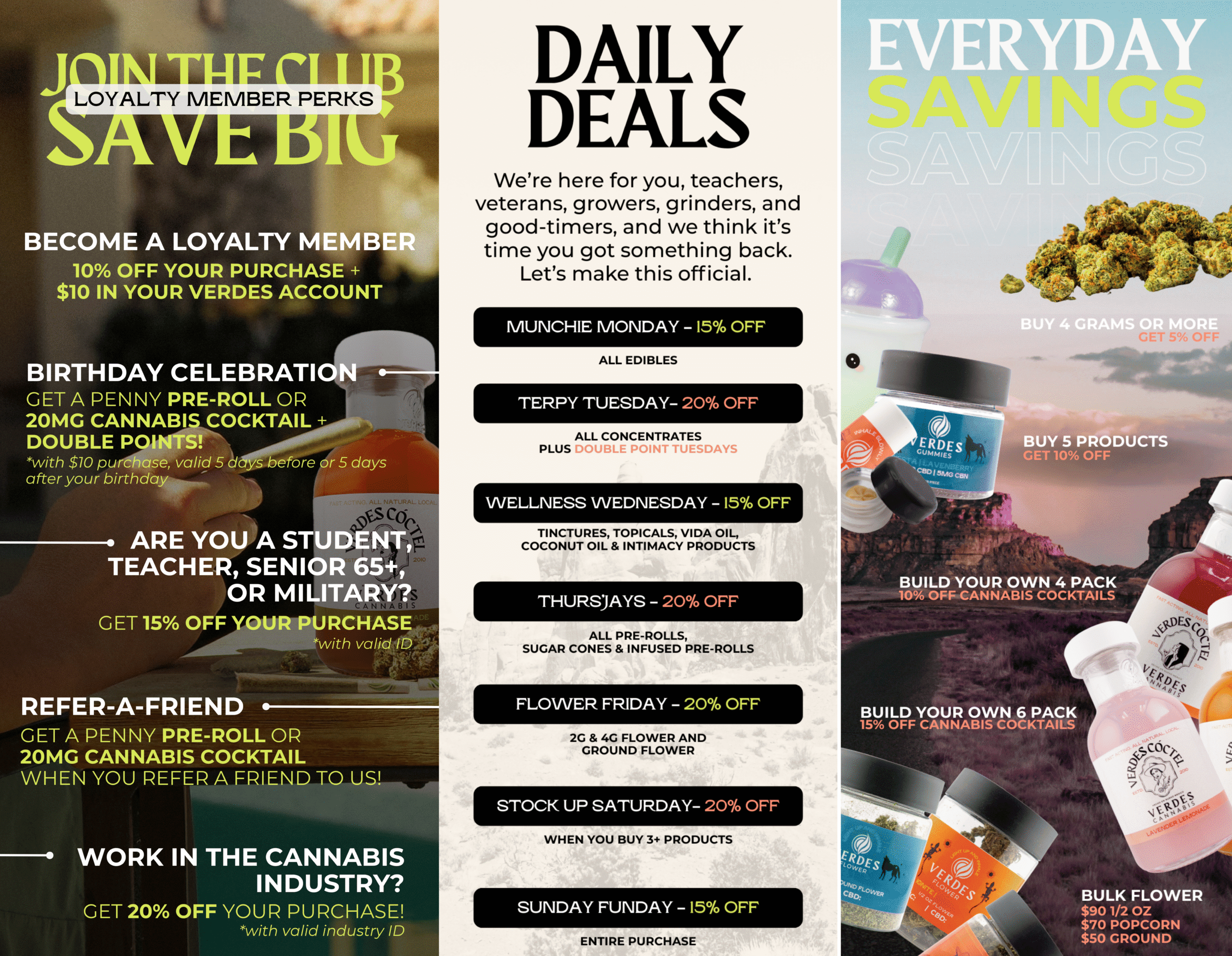 Verdes Cannabis promotional graphic featuring loyalty member perks, daily cannabis deals, and everyday savings on flower, edibles, concentrates, pre-rolls, and cannabis cocktails.